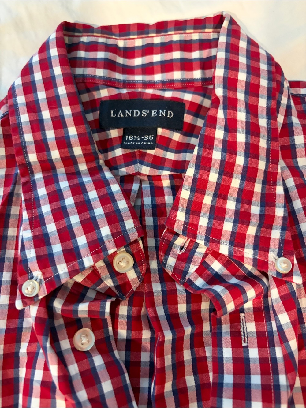 Lands' End Red and White Gingham Button-Down Shirt